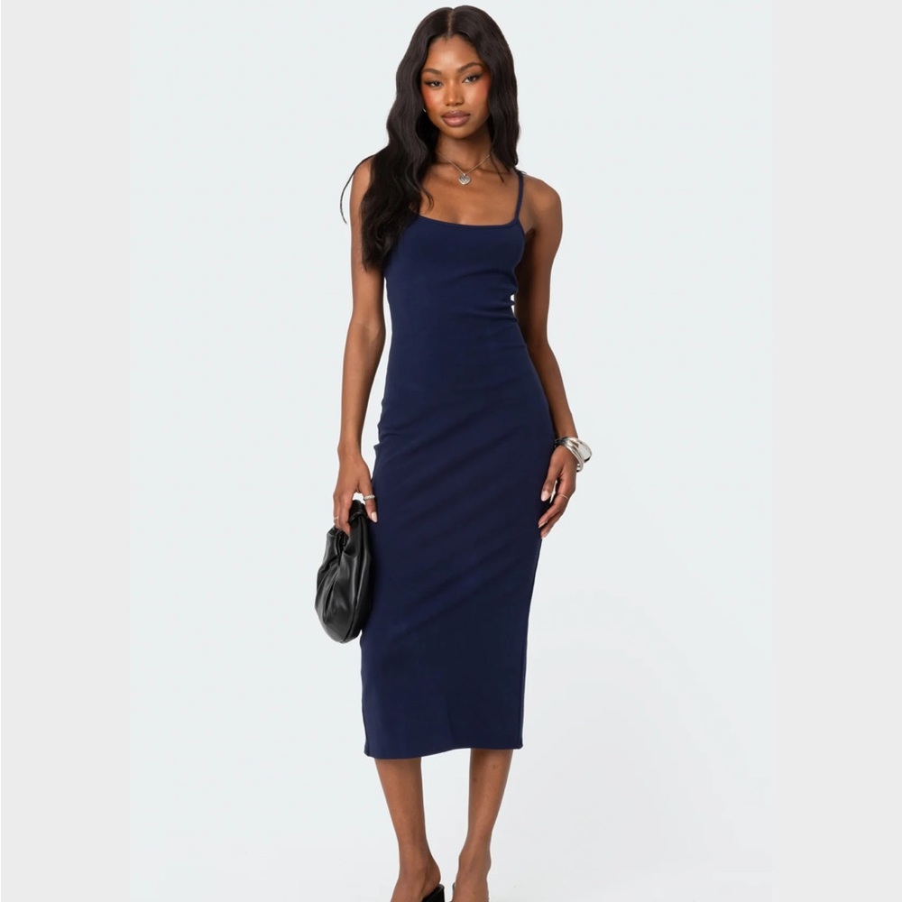 Edikted Air Back Slit Midi Dress Navy